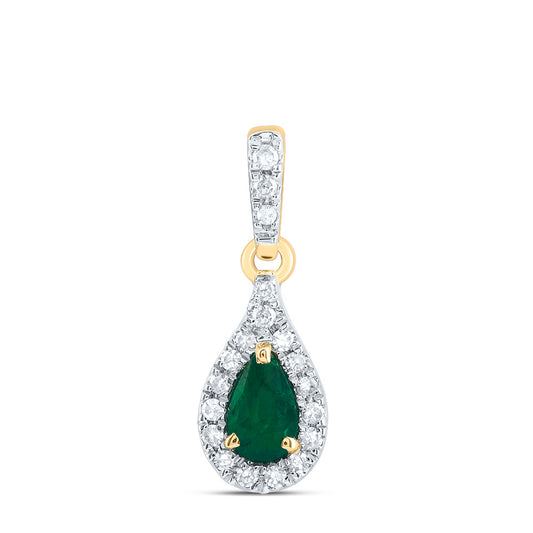 14kt Yellow Gold 1/12 Cttw Diamond 5x3mm Pear Emerald Natural Gem Pear Pendant