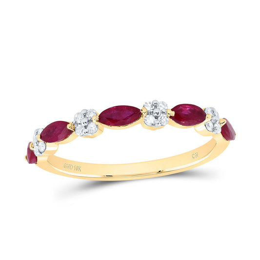 10kt Yellow Gold 1/10 Cttw Diamond 5/8 Cttw Mq Ruby Natural Wedding Engagement Gem Band, Women Size: 5-9