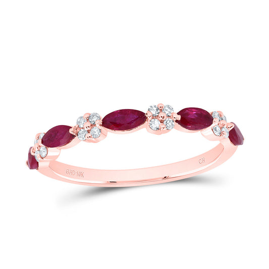 10kt Rose Gold 1/10 Cttw Diamond 5/8 Cttw Mq Ruby Natural Wedding Engagement Gem Band, Women Size: 5-9