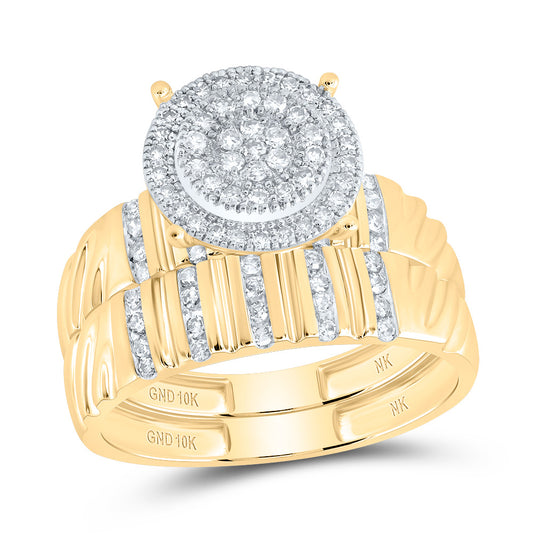 10kt Yellow Gold His & Hers 1/2 Cttw Diamond Round Bridal Wedding Ring Band Set, Women Size: 5-9, Men Size: 8-12
