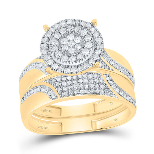 10kt Yellow Gold His & Hers 7/8 Cttw Diamond Round Bridal Wedding Ring Band Set, Women Size: 5-9, Men Size: 8-12