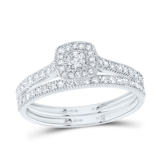10kt White Gold 1/3 Cttw Diamond Cushion Single Halo Wedding Engagement Anniversary Bridal Set, Women Size: 5-9