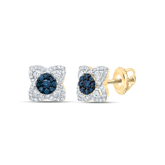 10kt Yellow Gold 1/3 Cttw Diamond Blue Diamond Flower Stud Earring