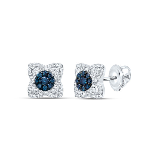 10kt White Gold 1/3 Cttw Diamond Blue Diamond Flower Stud Earring
