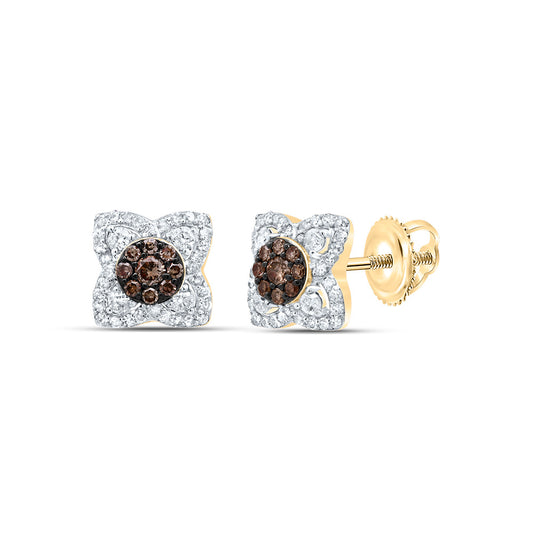 10kt Yellow Gold 1/3 Cttw Diamond Cognac Natural Flower Stud Earring