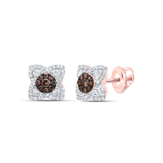 10kt Rose Gold 1/3 Cttw Diamond Cognac Natural Flower Stud Earring