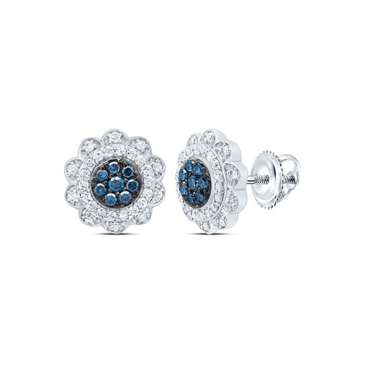 10kt White Gold 3/8 Cttw Diamond Blue Diamond Flower Stud Earring