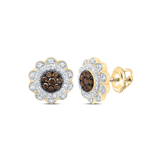 10kt Yellow Gold 3/8 Cttw Diamond Cognac Natural Flower Stud Earring