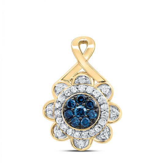 10kt Yellow Gold 1/5 Cttw Diamond Blue Diamond Flower Pendant