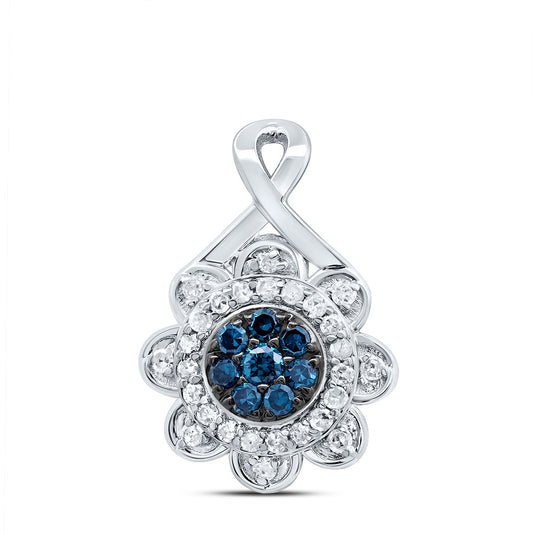 10kt White Gold 1/5 Cttw Diamond Blue Diamond Flower Pendant