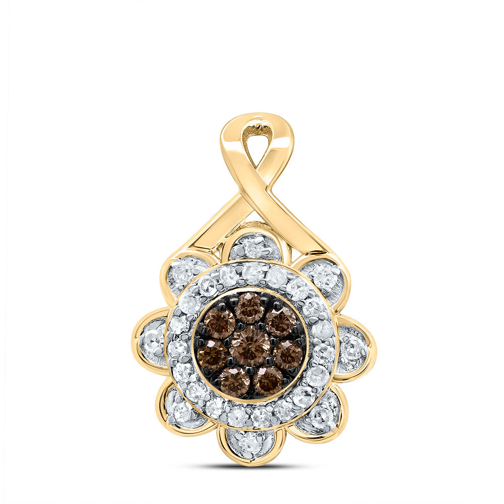 10kt Yellow Gold 1/5 Cttw Diamond Cognac Natural Flower Pendant
