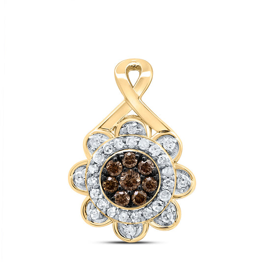 10kt Yellow Gold 1/5 Cttw Diamond Cognac Natural Flower Pendant
