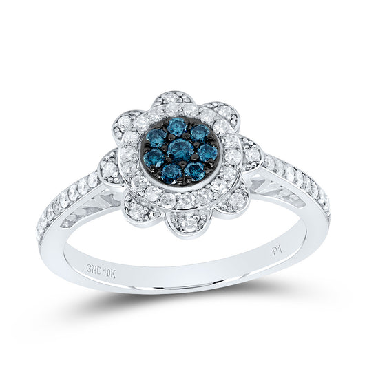 10kt White Gold 3/8 Cttw Diamond Blue Diamond Wedding Engagement Anniversary Flower Ring, Women Size: 5-9