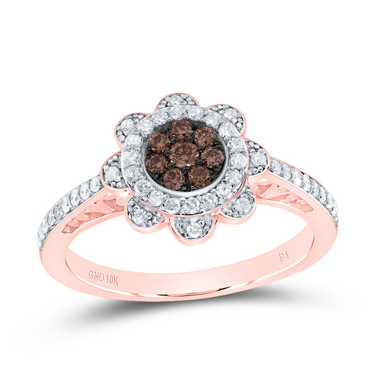 10kt Rose Gold 3/8 Cttw Diamond Cognac Natural Wedding Engagement Anniversary Flower Ring, Women Size: 5-9