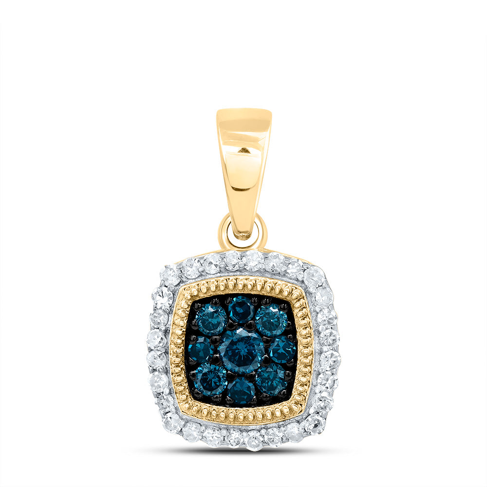 10kt Yellow Gold 1/4 Cttw Diamond Blue Diamond Cushion Pendant