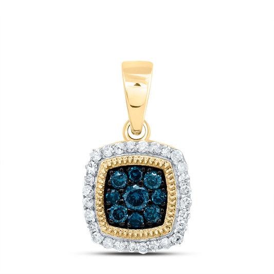 10kt Yellow Gold 1/4 Cttw Diamond Blue Diamond Cushion Pendant