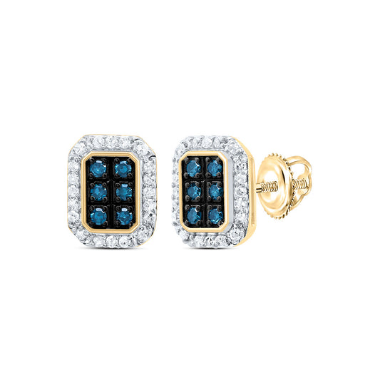 10kt Yellow Gold 1/5 Cttw Diamond Blue Diamond Emerlad Stud Earring