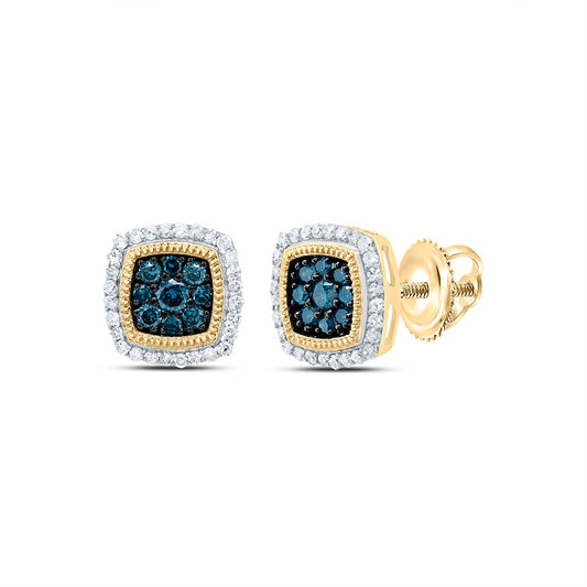 10kt Yellow Gold 1/3 Cttw Diamond Blue Diamond Cushion Stud Earring