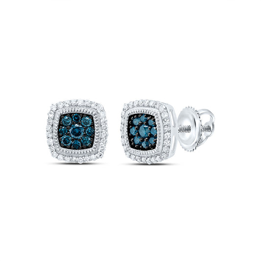 10kt White Gold 1/3 Cttw Diamond Blue Diamond Cushion Stud Earring