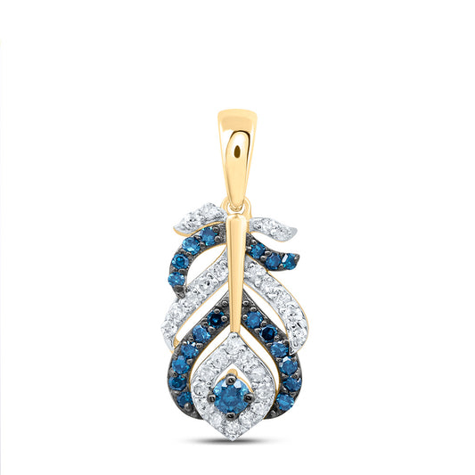 10kt Yellow Gold 1/4 Cttw Diamond Blue Diamond Peacock Feather Pendant