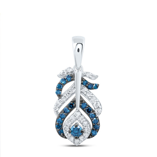 10kt White Gold 1/4 Cttw Diamond Blue Diamond Peacock Feather Pendant