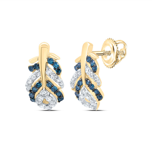 10kt Yellow Gold 1/6 Cttw Diamond Blue Diamond Peacock Feather Stud Earring