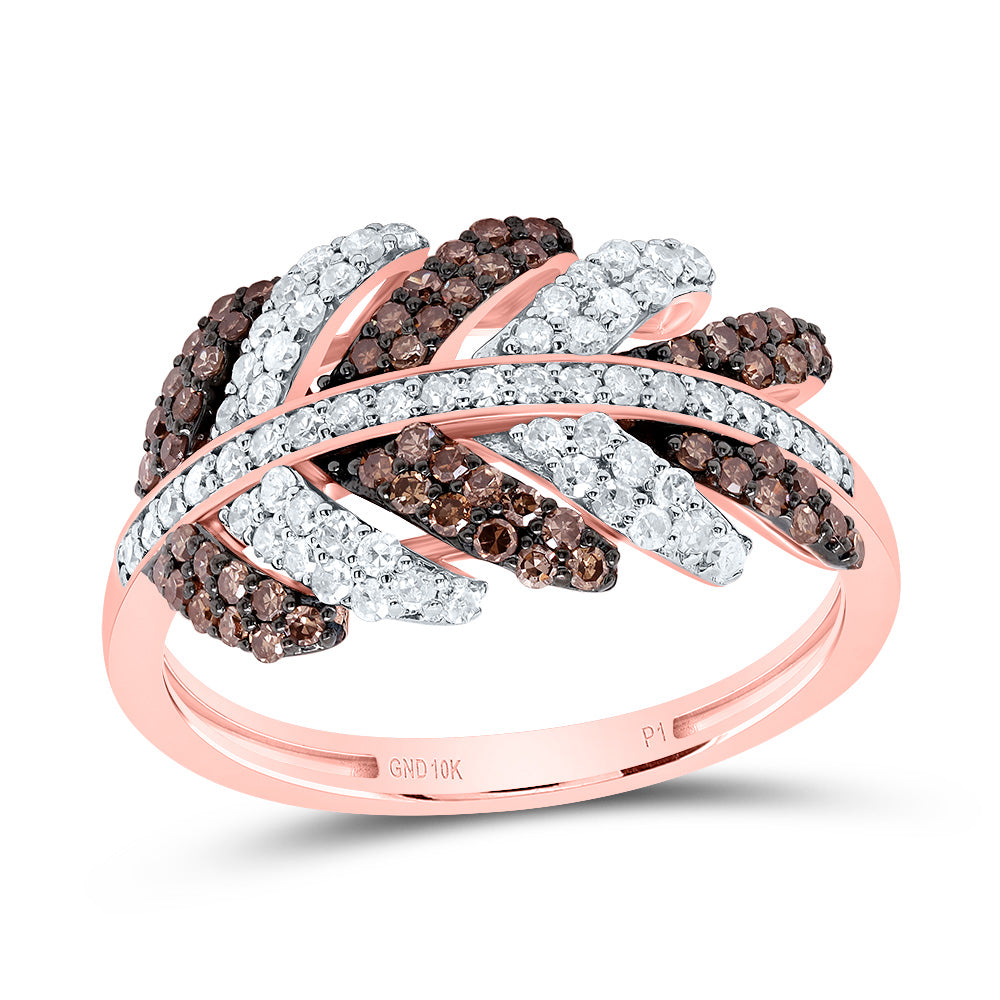 10kt Rose Gold 3/4 Cttw Diamond Cognac Natural Leaf Wedding Engagement Anniversary Ring, Women Size: 5-9