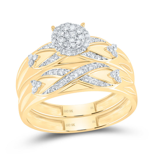 10kt Yellow Gold His & Hers 3/8 Cttw Diamond Round Bridal Wedding Ring Band Set, Women Size: 5-9, Men Size: 8-12