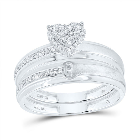10kt White Gold His & Hers 1/4 Cttw Natural Diamond Heart Bridal Wedding Ring Band Set, Women Size: 5-9, Men Size: 8-12