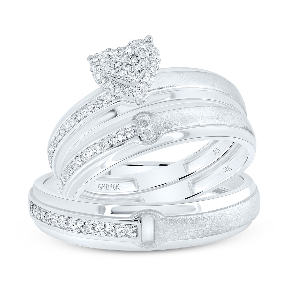 10kt White Gold His & Hers 1/4 Cttw Natural Diamond Heart Bridal Wedding Ring Band Set, Women Size: 5-9, Men Size: 8-12