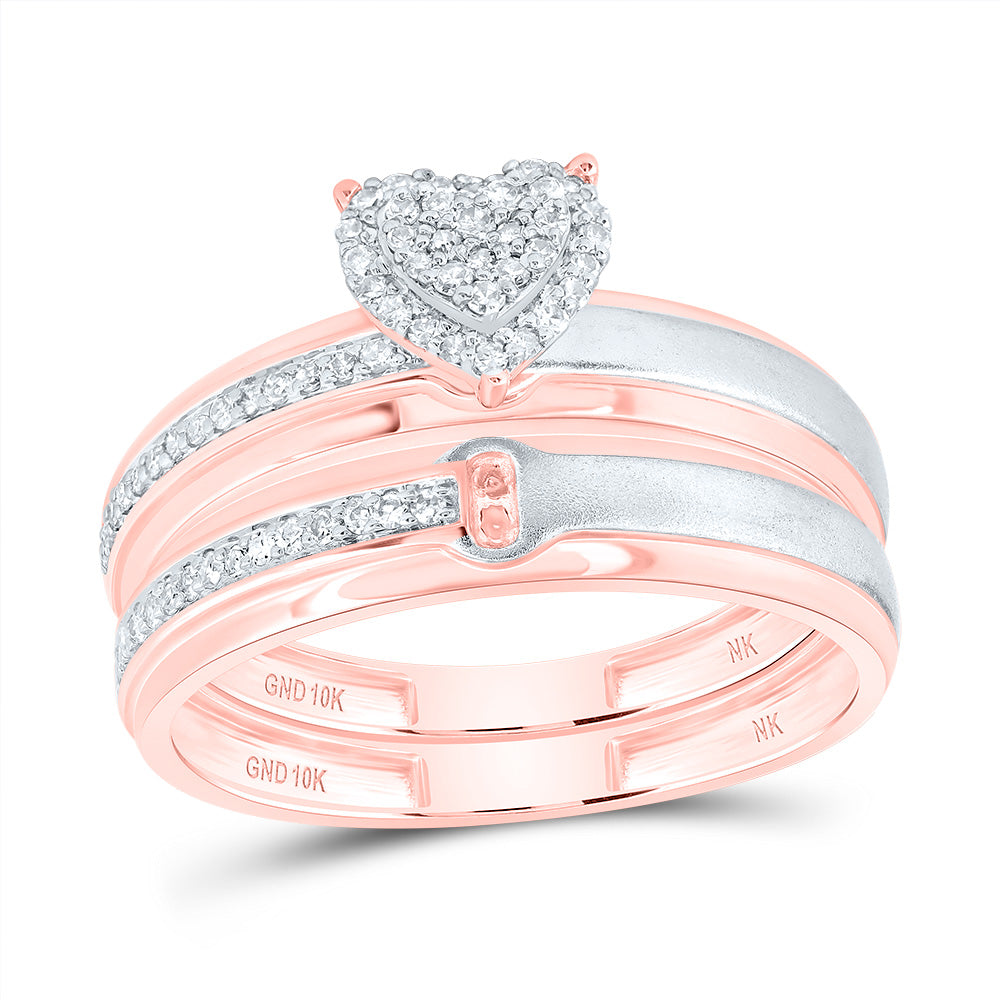 10kt Rose Gold His & Hers 1/4 Cttw Natural Diamond Heart Bridal Wedding Ring Band Set, Women Size: 5-9, Men Size: 8-12