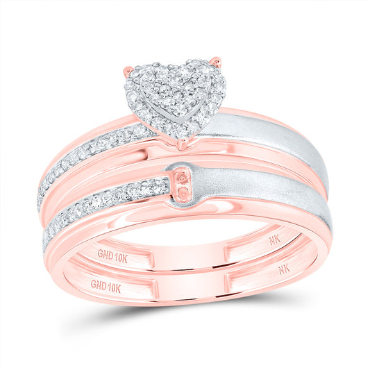 10kt Rose Gold His & Hers 1/4 Cttw Natural Diamond Heart Bridal Wedding Ring Band Set, Women Size: 5-9, Men Size: 8-12
