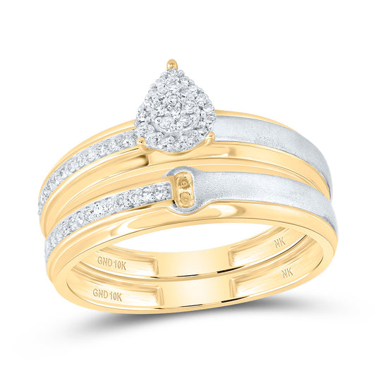 10kt Yellow Gold His & Hers 1/4 Cttw Diamond Pear Bridal Wedding Ring Band Set, Women Size: 5-9, Men Size: 8-12