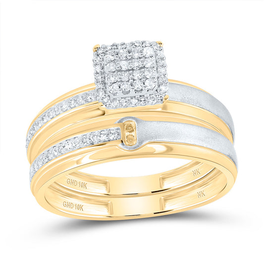 10kt Yellow Gold His & Hers 1/4 Cttw Diamond Cushion Bridal Wedding Ring Band Set, Women Size: 5-9, Men Size: 8-12