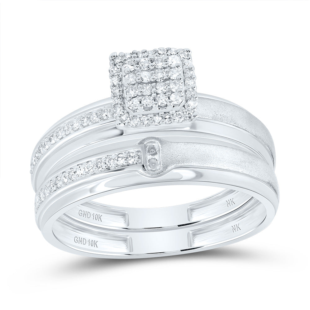 10kt White Gold His & Hers 1/4 Cttw Diamond Cushion Bridal Wedding Ring Band Set, Women Size: 5-9, Men Size: 8-12