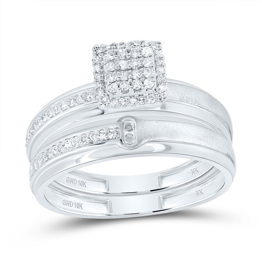 10kt White Gold His & Hers 1/4 Cttw Diamond Cushion Bridal Wedding Ring Band Set, Women Size: 5-9, Men Size: 8-12