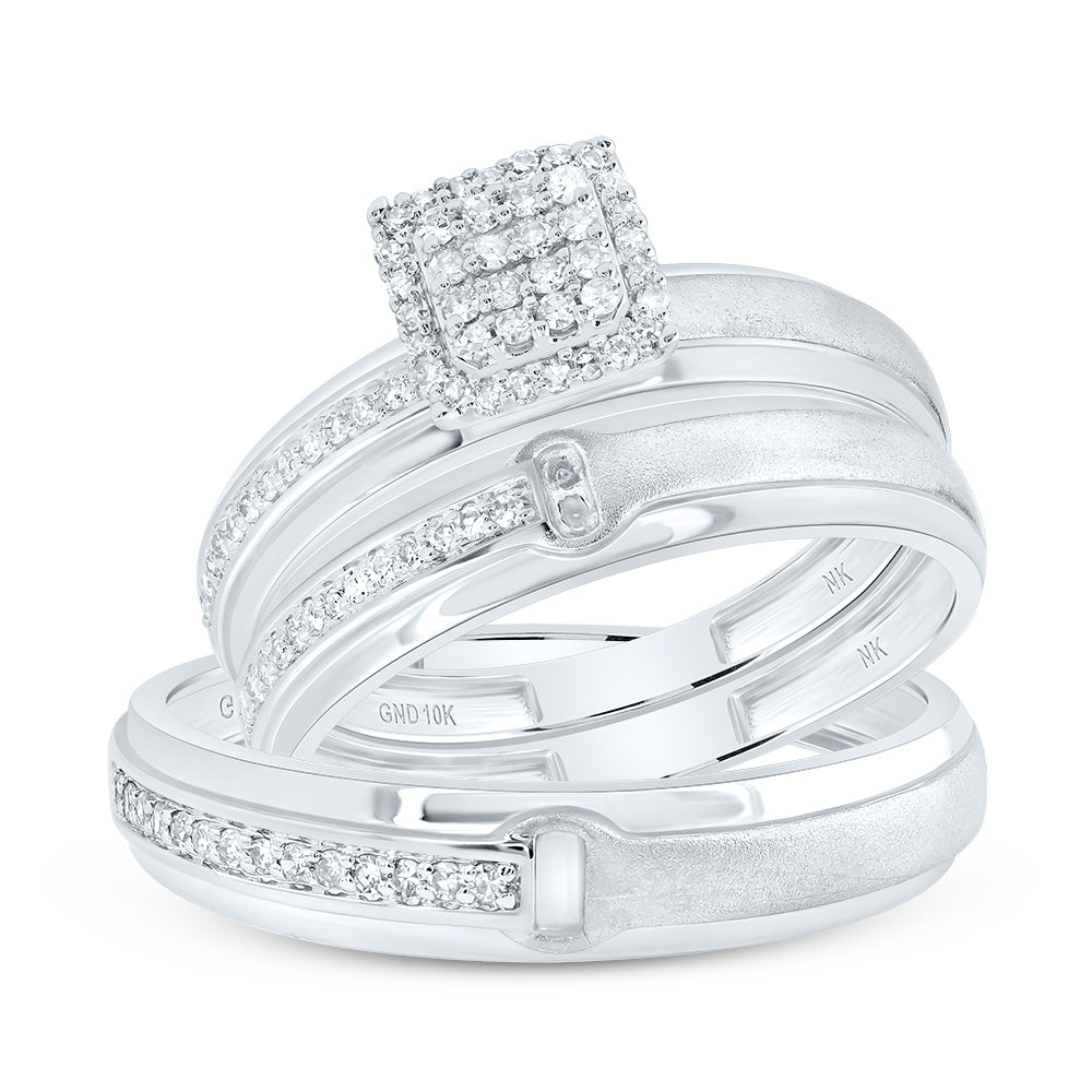 10kt White Gold His & Hers 1/4 Cttw Diamond Cushion Bridal Wedding Ring Band Set, Women Size: 5-9, Men Size: 8-12