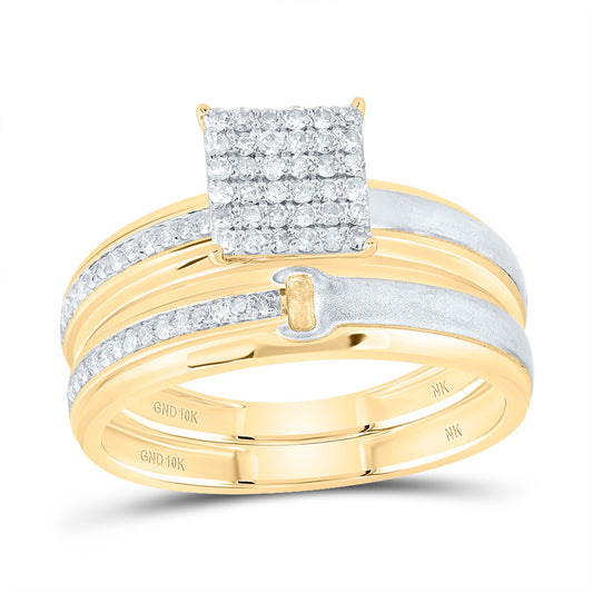 10kt Yellow Gold His & Hers 1/3 Cttw Diamond Square Bridal Wedding Ring Band Set, Women Size: 5-9, Men Size: 8-12