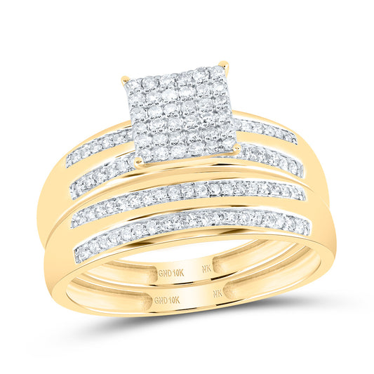 10kt Yellow Gold His & Hers 1/2 Cttw Natural Diamond Square Bridal Wedding Ring Band Set, Women Size: 5-9, Men Size: 8-12