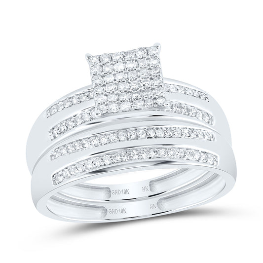 10kt White Gold His & Hers 1/2 Cttw Diamond Square Bridal Wedding Ring Band Set, Women Size: 5-9, Men Size: 8-12