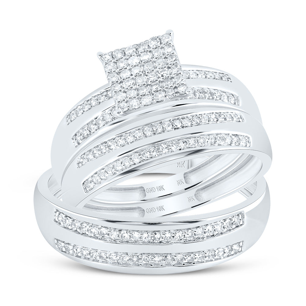 10kt White Gold His & Hers 1/2 Cttw Diamond Square Bridal Wedding Ring Band Set, Women Size: 5-9, Men Size: 8-12