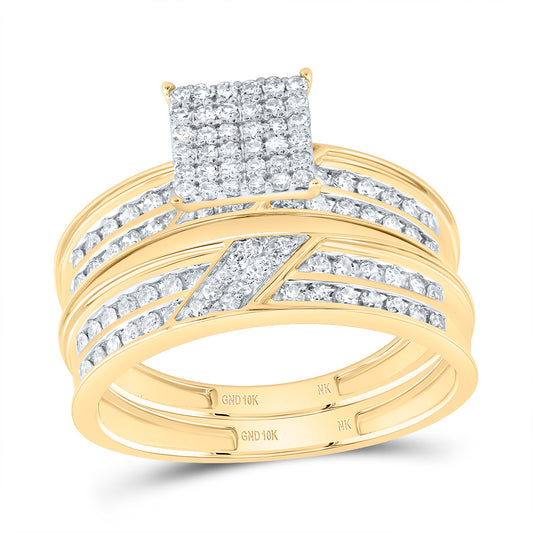 10kt Yellow Gold His & Hers 7/8 Cttw Diamond Square Bridal Wedding Ring Band Set, Women Size: 5-9, Men Size: 8-12