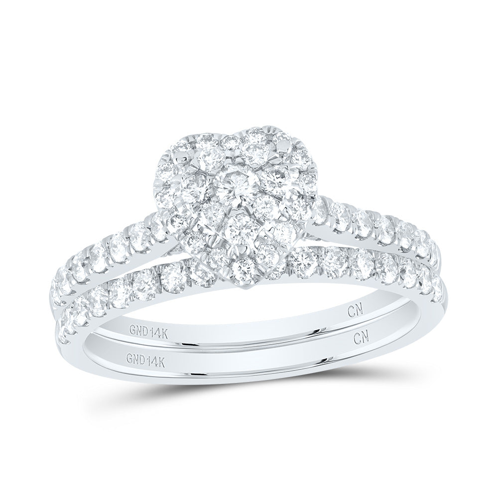 14kt White Gold 7/8 Cttw Natural Diamond Heart Single Halo Wedding Engagement Anniversary Bridal Set, Women Size: 5-9