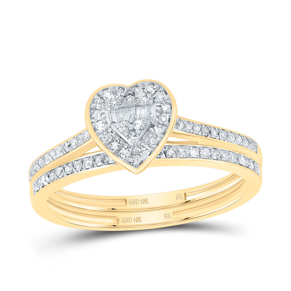 10kt Yellow Gold 1/3 Cttw Natural Diamond Fashion Heart Wedding Engagement Anniversary Bridal Set, Women Size: 5-9