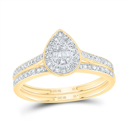 10kt Yellow Gold 1/3 Cttw Diamond Fashion Pear Wedding Engagement Anniversary Bridal Set, Women Size: 5-9