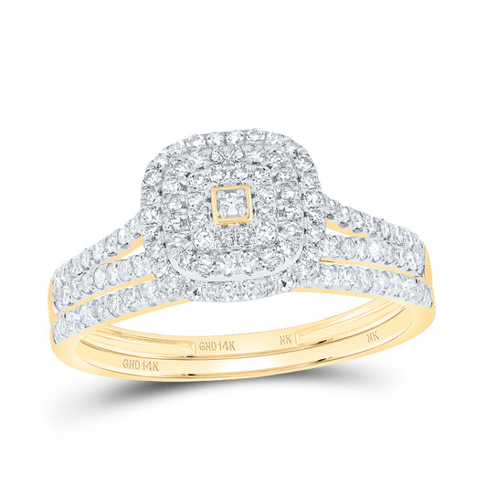 14kt Yellow Gold 1/2 Cttw Diamond Cushion Double Halo Wedding Engagement Anniversary Bridal Set, Women Size: 5-9