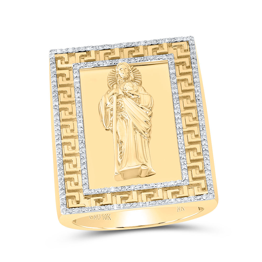 10kt Yellow Gold 1/2 Cttw Nk Natural Diamond St. Jude Mens Ring (1.25 Inches Version), Men Size: 8-12