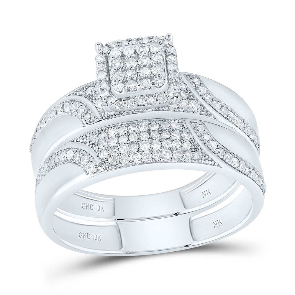 10kt White Gold His & Hers 5/8 Cttw Diamond Ascher Bridal Wedding Ring Band Set, Women Size: 5-9, Men Size: 8-12