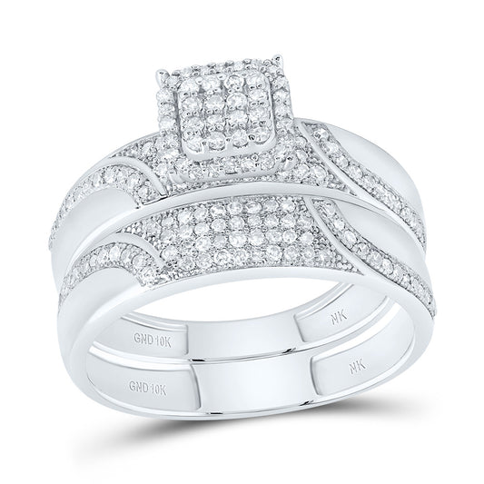 10kt White Gold His & Hers 5/8 Cttw Diamond Ascher Bridal Wedding Ring Band Set, Women Size: 5-9, Men Size: 8-12