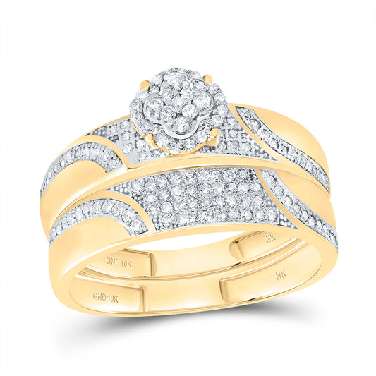 10kt Yellow Gold His & Hers 1/2 Cttw Diamond Clover Bridal Wedding Ring Band Set, Women Size: 5-9, Men Size: 8-12